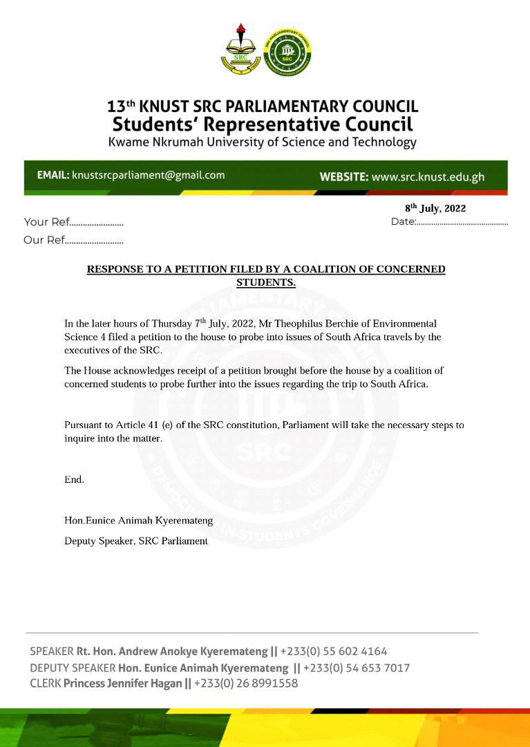 Parliament Probes Further Into KNUST SRC Executives Tripe To South Africa
