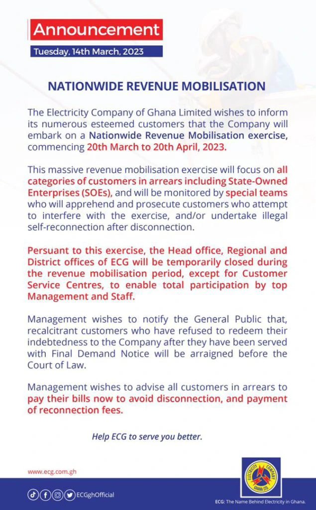 ECG to close down offices nationwide for by  March 20th 